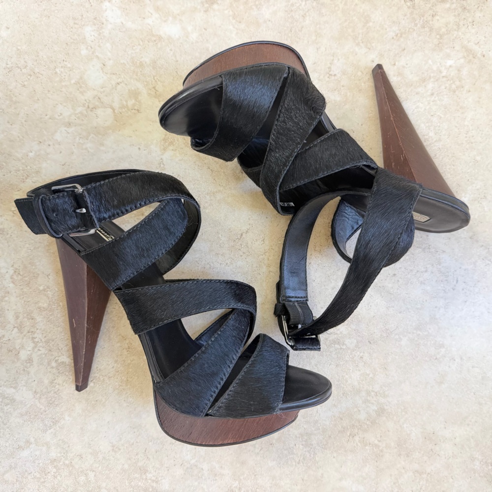 NEW Report Signature Black Calf Hair Fur Strappy High Heels Size 8.5